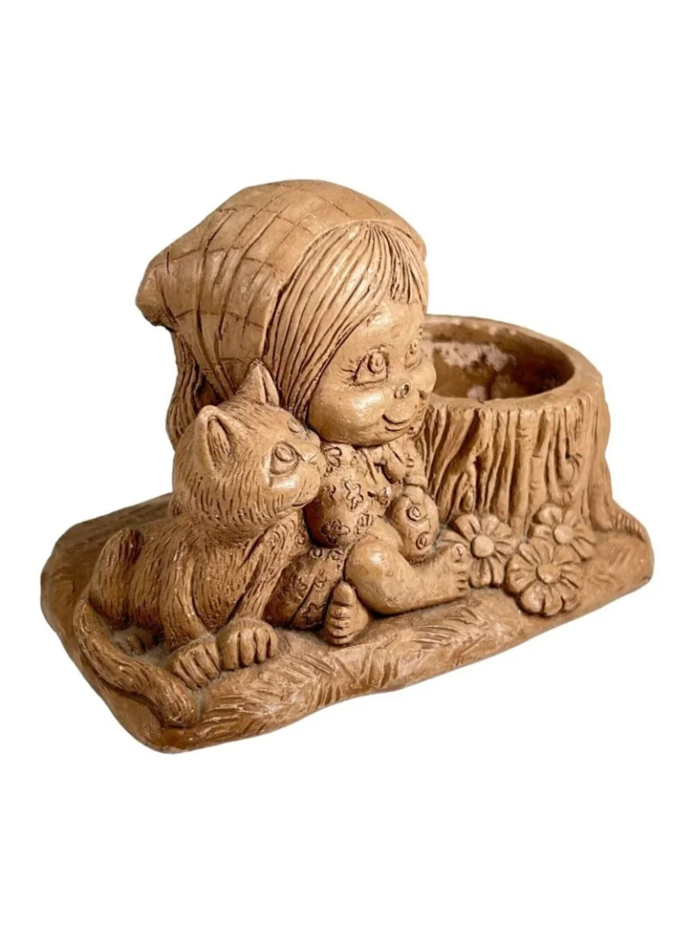Vtg Wallace Berrie Ceramic Candleholder Planter Girl Cat USA 1975 Signed Smiles